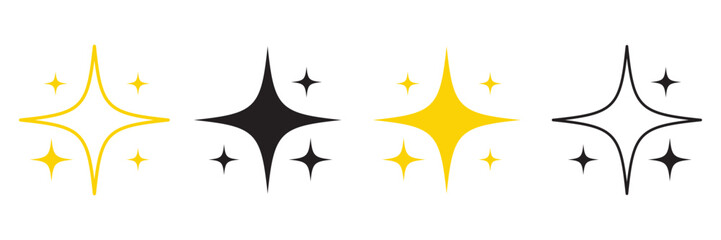 Set of Clean shining icons. Sparkle Sign. Star icons. Twinkling stars. Sparkles, shining burst. sparkle silhouette. Star emojis. Twinkle star shapes vector design. Bright firework, decoration twinkle.