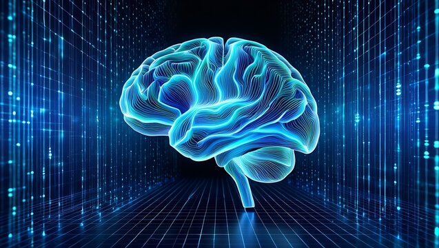 Abstract glowing blue digital brain with intricate neural network connections and binary code data streams symbolizing artificial intelligence and advanced technology