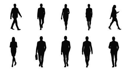 Ten Business People Walking Silhouettes Diverse Set