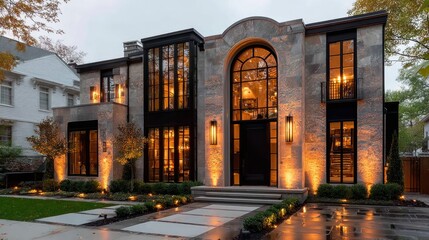Modern stone house at dusk, lit by warm exterior lights