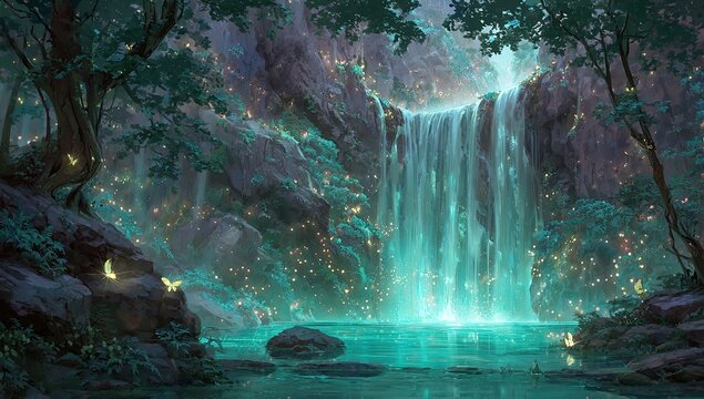 Enchanting waterfall in a mystical forest - Powered by Adobe