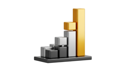 Growing Bar Graph 3D Render Illustrating Financial Growth and Success with Gold and Silver Metallic Elements on Black Background
