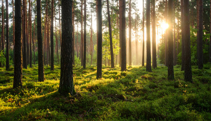 Obraz premium Sunlight Filtering Through Tall Trees Illuminating Lush Green Undergrowth in a Forest Setting