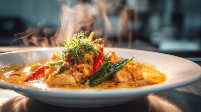 Delicious seafood dish with fresh vegetables and herbs in aromatic spicy broth served on a white plate