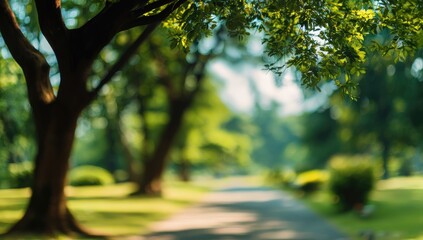 Fototapeta premium Park path with trees. Blurred view of a park path shaded by trees