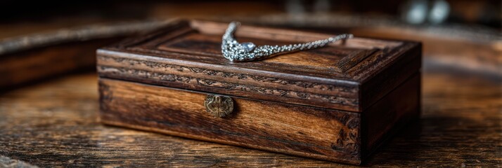 Wooden jewelry box with intricately designed necklace on display in a cozy workshop setting