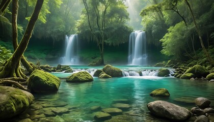 Natural Waterfall with Turquoise River and Lush Green Forest – Tranquil HDR Nature Background