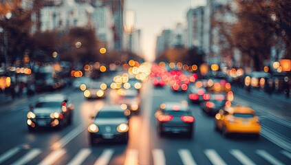 Busy urban street at sunset