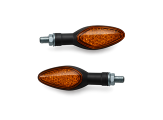 Two identical amber led motorcycle turn signal indicators with black bases and threaded mounting bolts isolated on transparent background