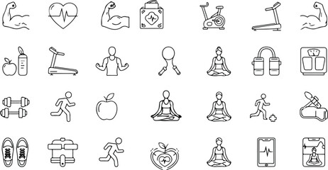 Fitness and healthy lifestyle web icons set in linear style. Sport and exercise icons for mobile and web app.Minimalist Line Icons Set of Health, Fitness, and Wellness Activities