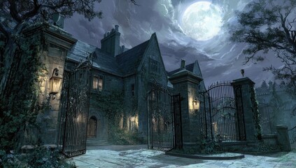 Haunted manor at night