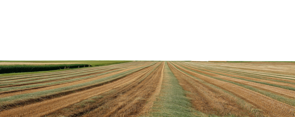 harvested empty agricultural field in autumn with sky isolated on white or transparent png