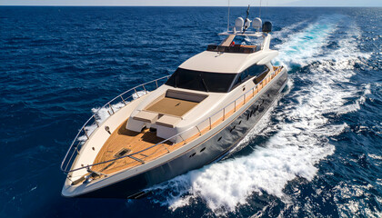 Fototapeta premium Luxury Motor Yacht Sailing Across Deep Blue Ocean Water Under Bright Sunlight Showing Wooden Deck and White Wake