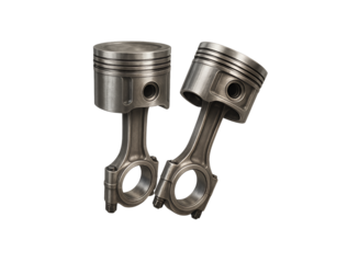 Two automotive engine pistons with connecting rods metallic mechanical components isolated on transparent background