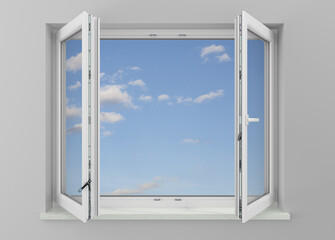 3D visualization. White plastic window double-leaf window. Advertising. Modern construction technologies.