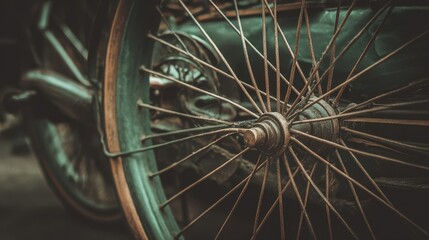 Close-up view of an aged bicycle wheel.