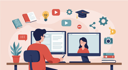 Man attends online class on dual monitors, surrounded by learning icons, books and desk.