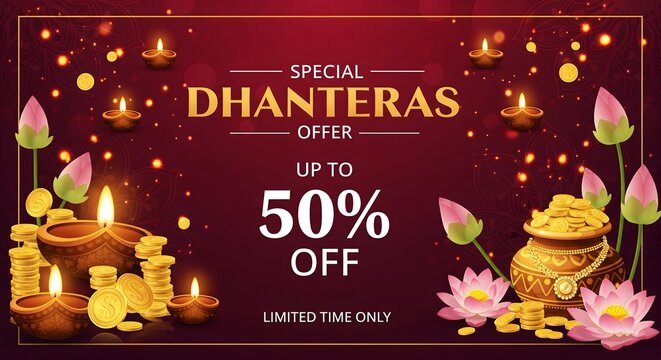 Special dhanteras offer up to 50 percent discount with traditional indian decorations