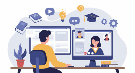 Man learning online via computer with a female instructor displayed on the screen. Books and icons float around the scene.