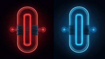 Neon glowing number zero, two colors