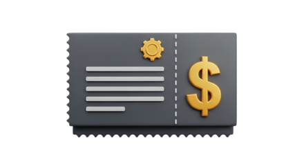 Isolated grey bill ticket icon with golden dollar sign and gear on black background representing business accounting and financial transactions
