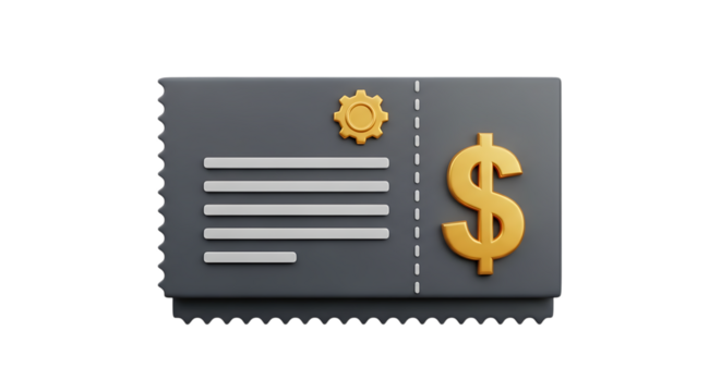 Isolated grey bill ticket icon with golden dollar sign and gear on black background representing business accounting and financial transactions