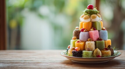 Colorful assorted fruit and candy stacked dessert cake with fresh berries and tropical fruits on a ceramic plate