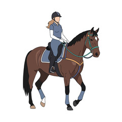 Coloring Vector illustration of woman riding a horse in a competition outfit isolated on white background