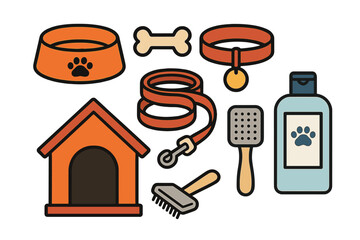 Pet care essentials including doghouse, collar, and grooming tools