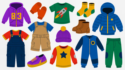 Diverse collection of children's clothing and footwear featuring vibrant colors and playful graphics Keywords: children's clothing, kids apparel, baby clothes, winter coat