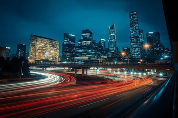 Fototapeta premium Urban Highway with Car Light Trails and City Skyline at Night