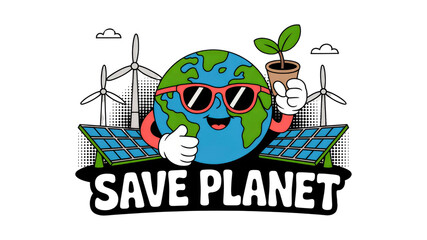Fototapeta premium Happy Earth Character Promoting Renewable Energy and Environmental Conservation
