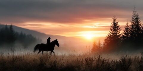 Horseback riding at sunrise in a misty forest landscape with silhouettes of trees and mountains in the background