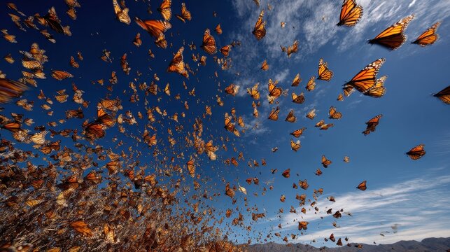 Monarch butterflies flying in Mexico, with blue sky. Migration concept imagery