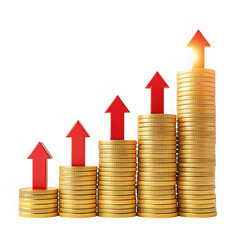 Financial growth with gold coins and red arrows isolated on transparent background. Rising trend of stacked coins with upward indicators. Investment success with metallic coins.