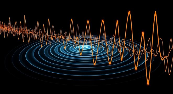 Dynamic sound waves ripple outwards creating a vibrant pulsating energy field in striking contrast