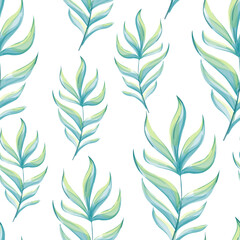 Seamless pattern of vibrant green tropical leaves arranged in a repeating design, creating a fresh and natural background suitable for various decorative uses