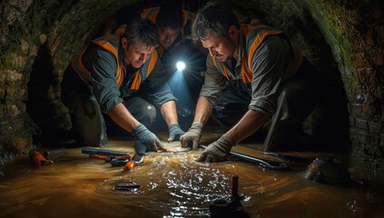 Three workers inspecting a flooded tunnel with tools and a flashlight in a dark environment