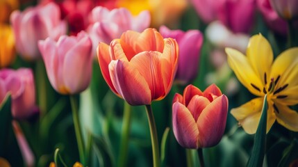 Obraz premium Colorful tulips in spring garden scene for nature floral photography product branding lifestyle visuals composition background bloom vibrant fresh