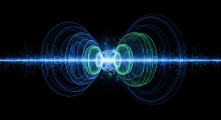 Dynamic sound wave visualization with glowing blue and green energy pulses on black background