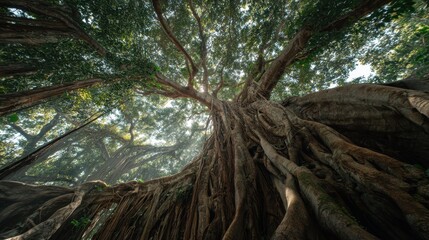 Obraz premium Low angle looking up a fig tree in jungle. Foliage glows. Travel, nature