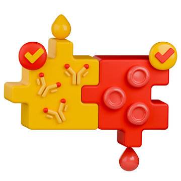 3D illustration of a crossmatch blood test showing compatibility as puzzle pieces fitting together, with donor red blood cells, patient or recipient antibodies, and check mark icons.