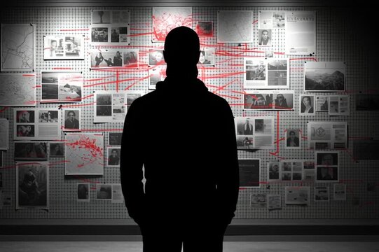 Silhouette analyzing document with forensic magnifying glass under dim lamp in dark room