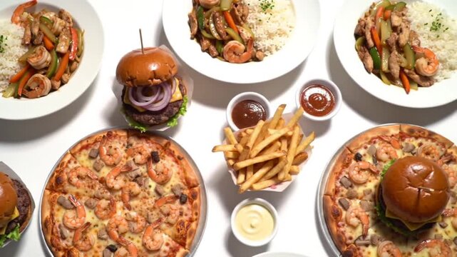 The Ultimate Comfort Food Feast: A Spread of Pizza, Burgers, Fries, and Stir-fry