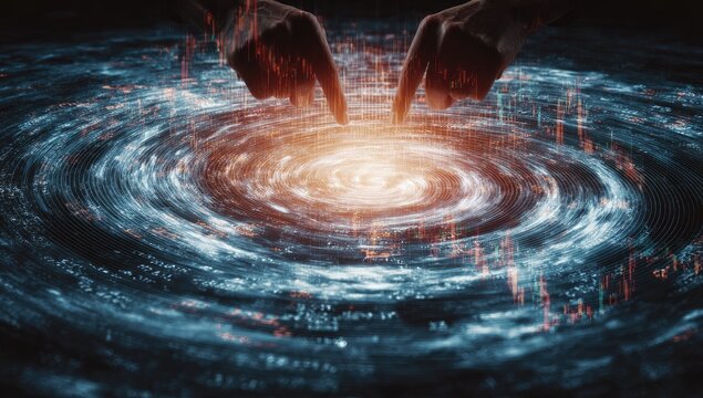 Two hands hovering over a swirling, digital galaxy of financial data