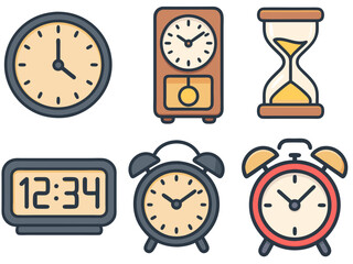 Clock and Time Icons – Alarm, Digital, Hourglass, and Wall Clock Vector Illustration