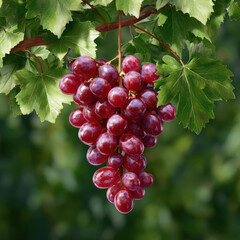 Fototapeta premium Plump glistening grape cluster hangs from lush green vine, showcasing its vibrant red color and juicy texture, evoking sense of freshness and natural beauty