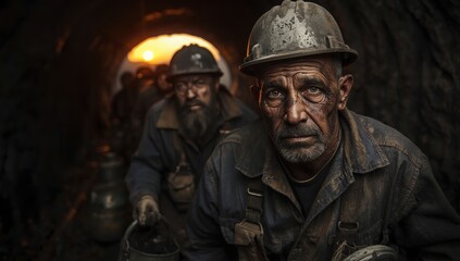 Two miners emerge from a tunnel with a light at the end wearing hard hats and dirty work clothes