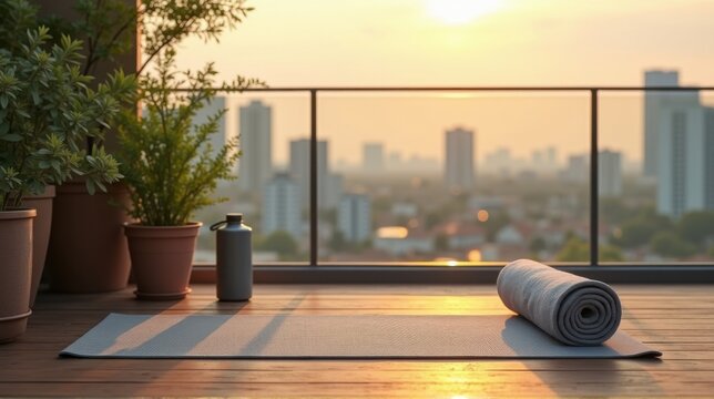 Overhead view of rooftop yoga mat setup with towel, water bottle, and plant in morning light