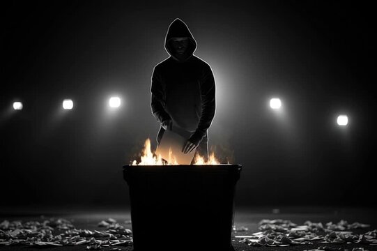 Silhouette shredding classified documents into burning bin with emergency lights